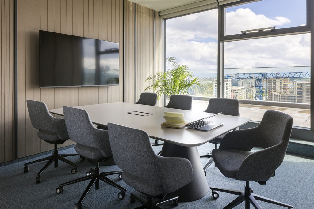 Detailed view of materials, lighting and joinery in the completed office interior.